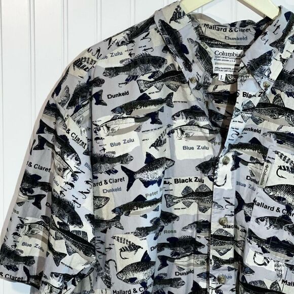 Columbia Oxford Shirt Men Large Multicolor Fish Print Short Sleeve Pocket Cotton - Picture 2 of 10